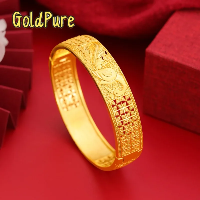 

Goldpure Luxury 24K 9999 Pure Gold real gold Women's Hollow Carved Bracelet Peacock Pattern Buckle Bracelet