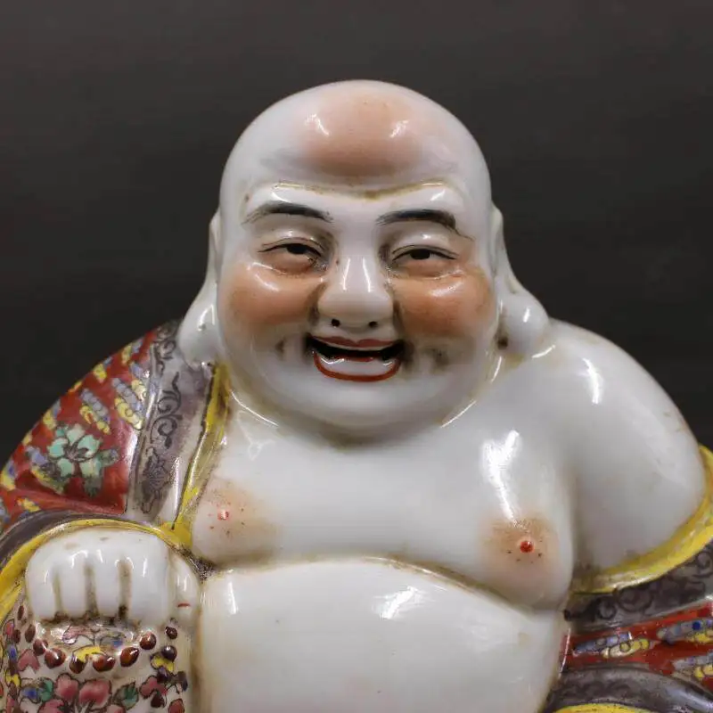 Vintage Handcrafted Famille Rose Maitreya Buddha Figurine Attract Wealth Ruyi Ornament Antique Porcelain Collectible view 3