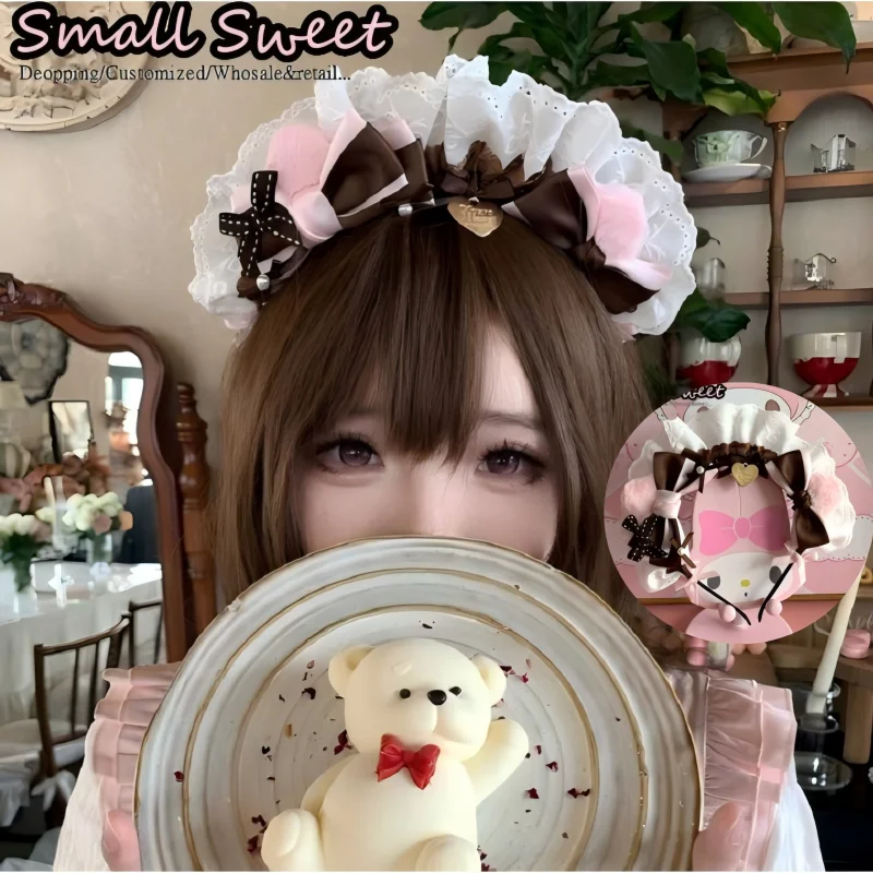 Y2K girl Gothic Subculture strawberry chocolate themed cute Cat Ears Lace Ruffle Bow Heart pendant Hair band Luolita Headwear