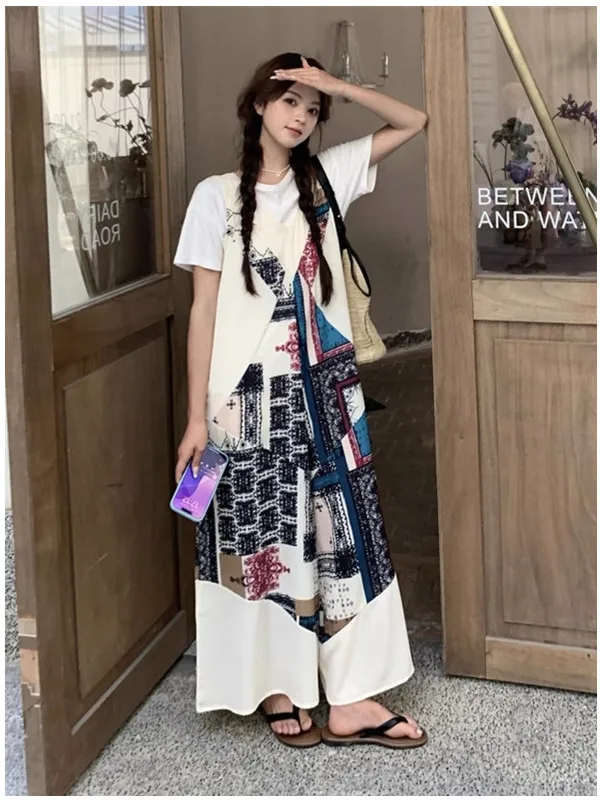 n Vaion Sle Women's Summer Faion Print Bib Overalls Unique One-Piece Wide Leg Skirt Pants High Waist Long Pants