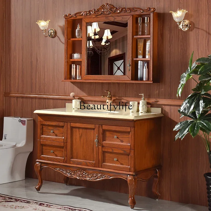 

American Bathroom Cabinet Wash Wash Basin Cabinet Combination Floor Solid Wood Bathroom Table