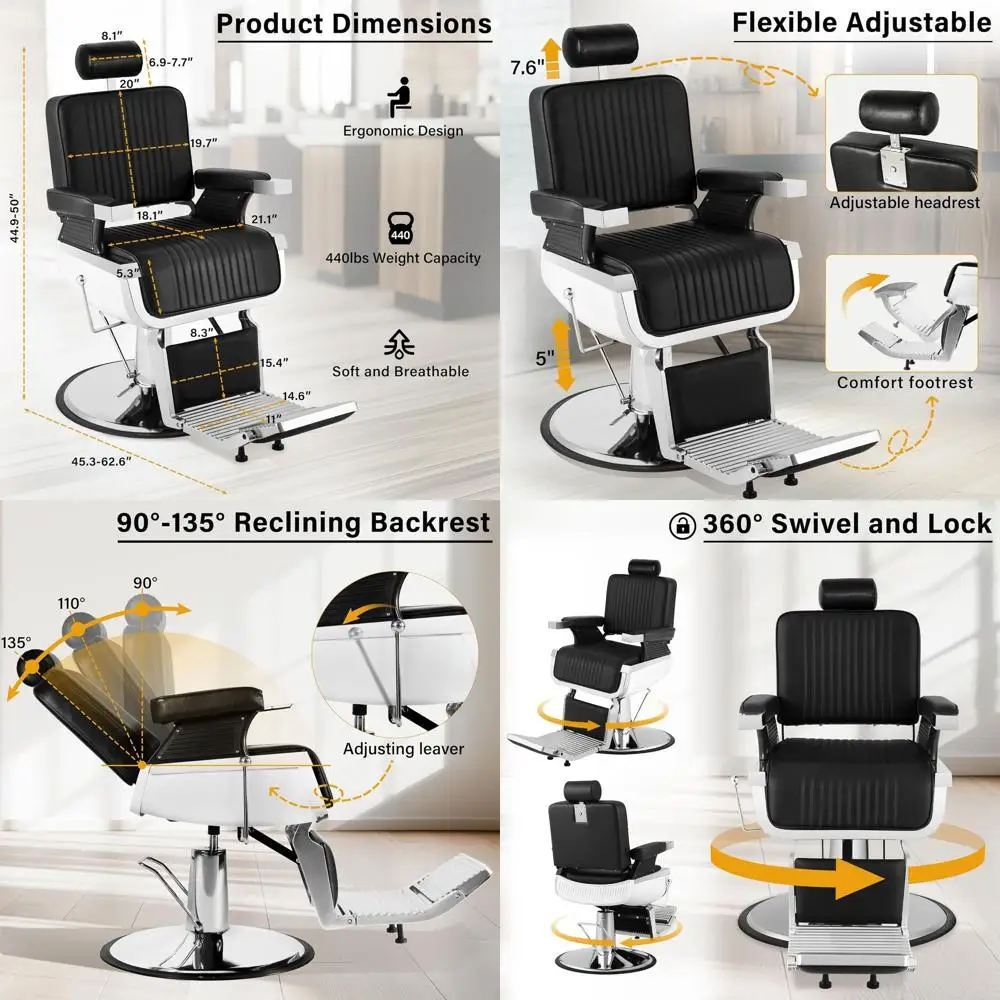 Heavy-Duty Black Reclining Barber Chair with Footrest and Adjustable 360° Swivel for Salons and Barbershops
