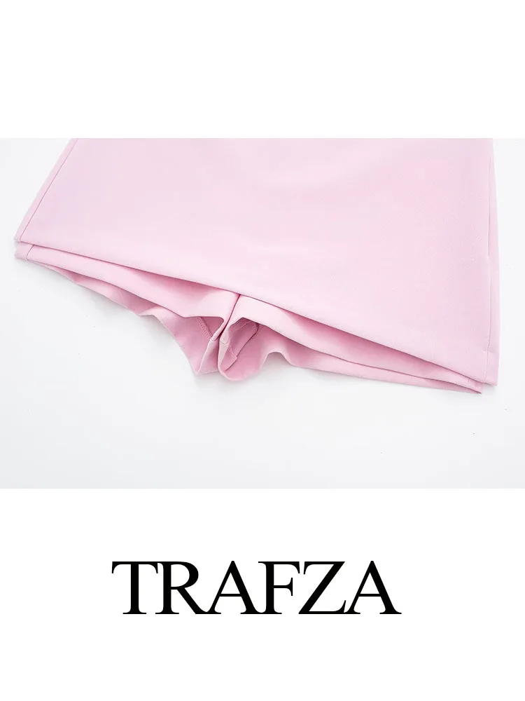 Imagem -05 - Trafza-conjunto Elegante de Duas Peças Feminino Cintura Alta Bolso Traseiro Mini Saias Shorts Sexy Decote em v sem Mangas Top Suspender sem Costas com Zíper