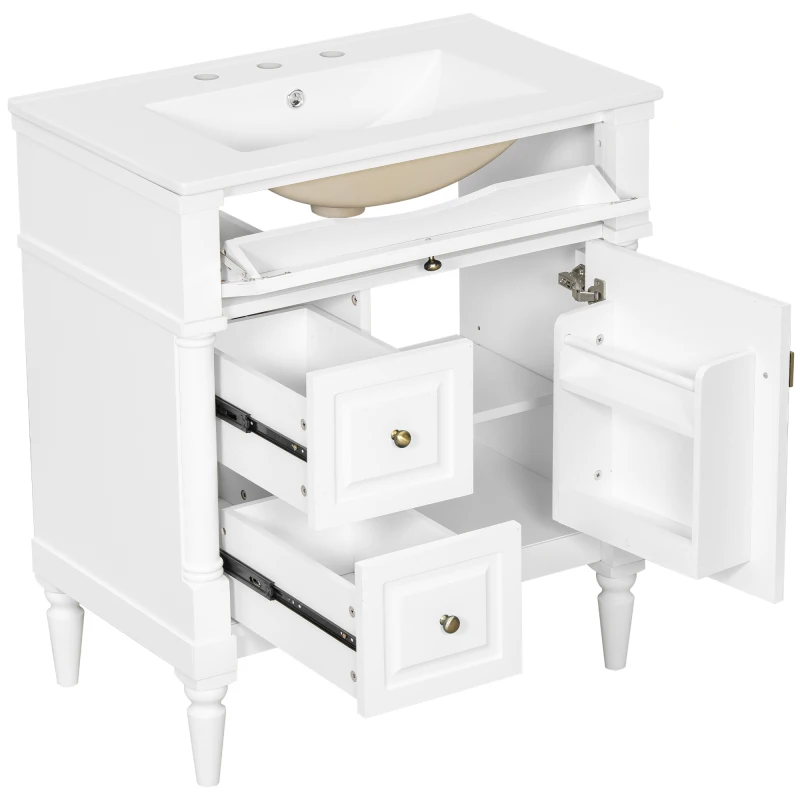 

30" Bathroom Vanity with Sink, White Freestanding Bathroom Cabinet with Flip Drawer & Adjustable Shelf, Solid Rubberwood Fram
