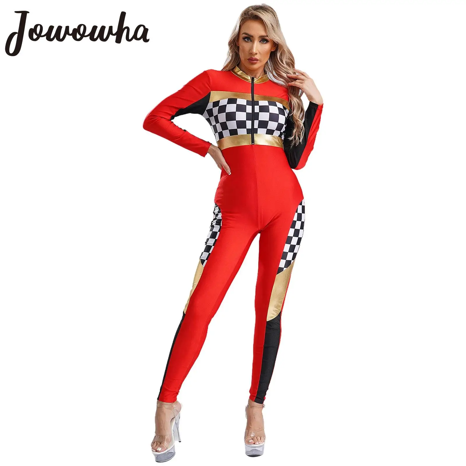 Womens Sexy Race Car Driver Costume Carnivals Party Racer Cheerleading Cosplay Clubwear Long Sleeve Checkerboard Racing Bodysuit