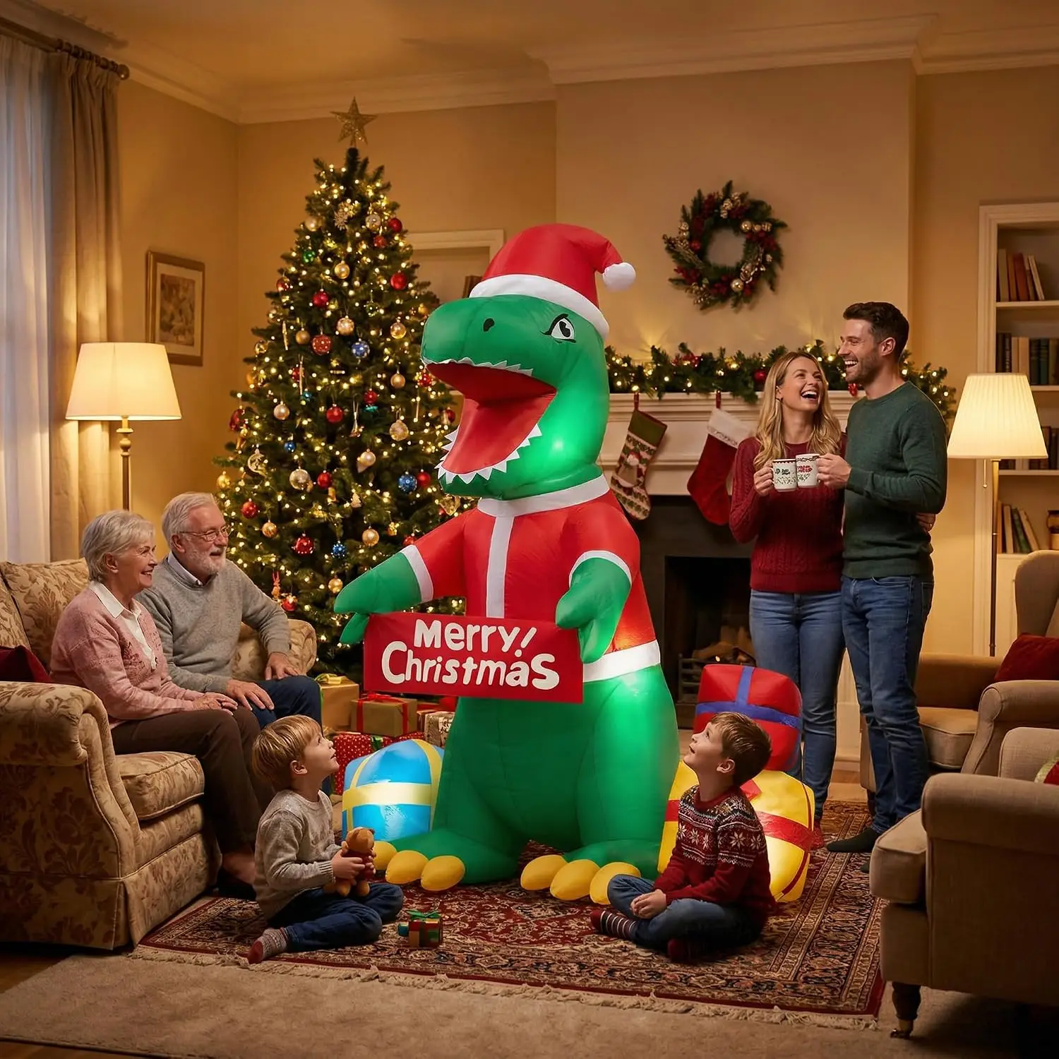 6ft Lighted Inflatable Christmas Dinosaur Outdoor Yard Decoration with Built-in LED & Air Blower - Weather-Resistant Holiday Lawn Display for Garden, Porch, Party