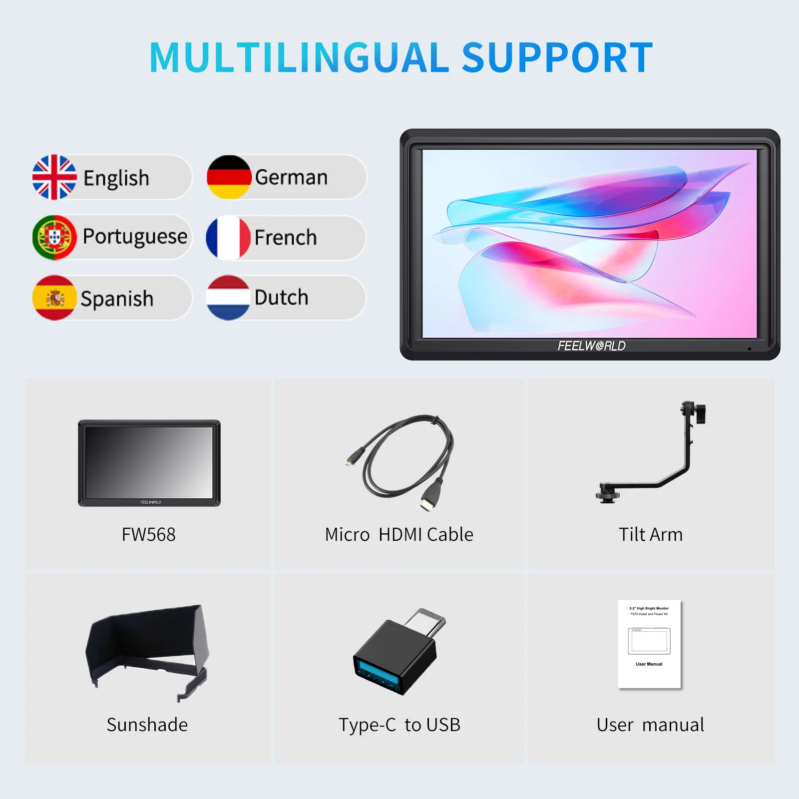 كاميرا Feelworld FW568 مقاس 6 بوصات DSLR مراقب ميداني مع Waveform LUTs Video Peaking Focus Assist 1920x1080 IPS 4K HDMI داخل/خارج