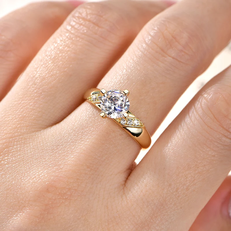 14K Vergoldeter CZ Labor-Diamant Versprechen-Ring 7mm Rundschliff Kubischer Zirkonia Hochzeits-Verlobungsringe für Frauen – Detail 12
