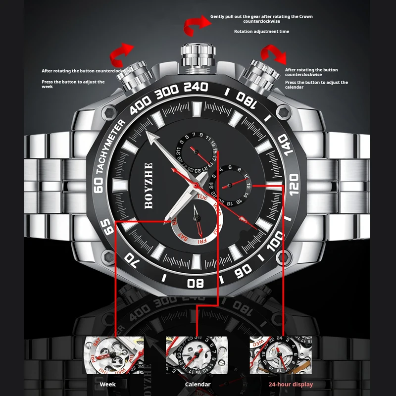 Reloj mecánico completamente automático de gama alta de marca BOYZHE, calendario semanal para hombre, reloj de lujo luminoso de acero inoxidable resistente al agua para hombre
