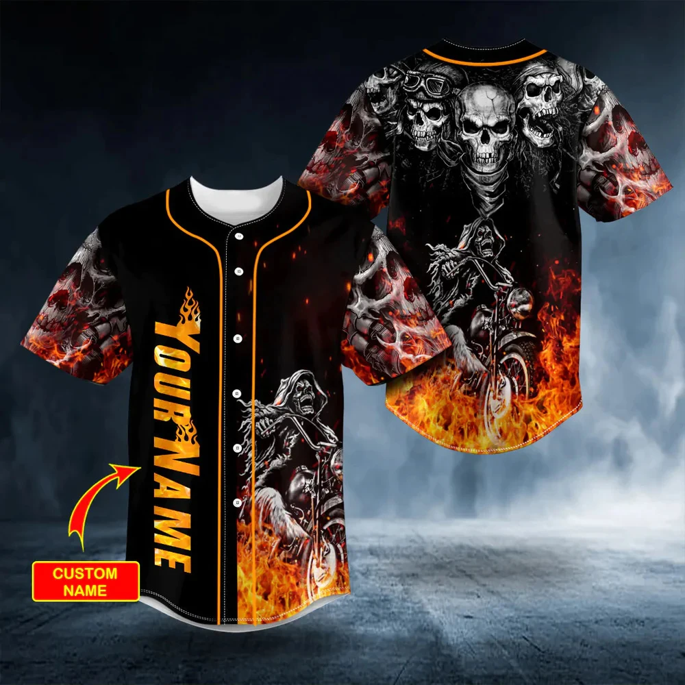 New Men's Customized Name Fire Skull 3D Printed Baseball Jersey Unisex Fashion Harajuku Street Casual Sports Baseball Shirt Top