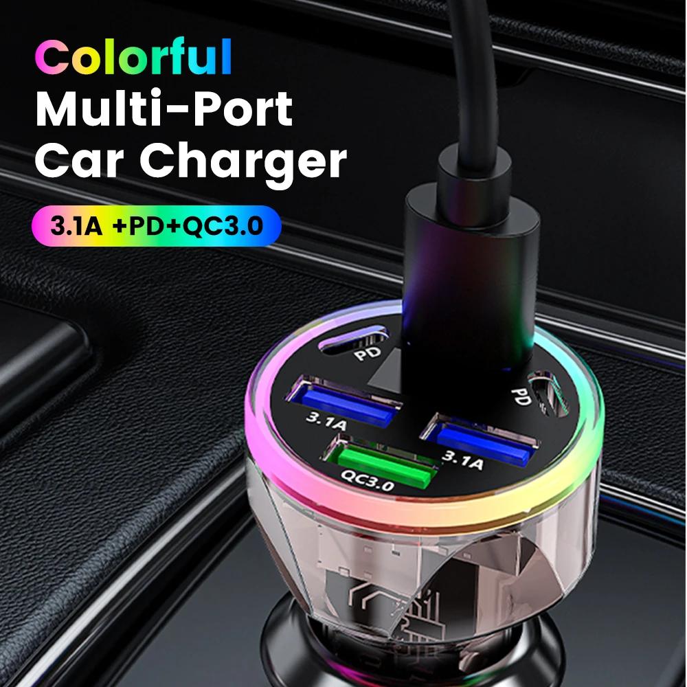 6 Ports Car USB Charger Type C PD QC 3.0 Super Fast Charging Phone Car Charger Digital Display  For iphone Android 4 USB+2 USB C