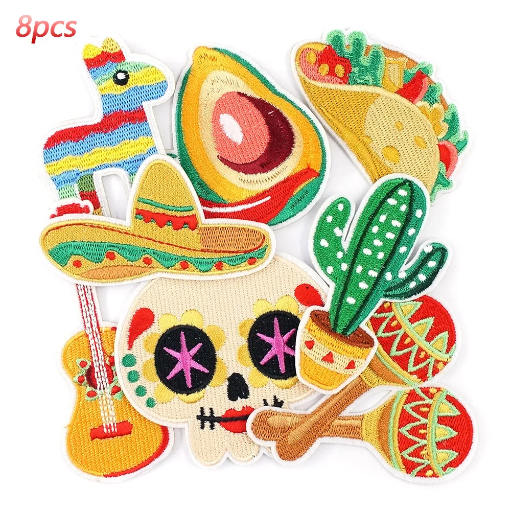 8Pcs/Lot Straw Hat Cactus Guitar Mexico Patches Embroidery Applique Ironing Clothing Sewing Supplies Decorative Badges Patch