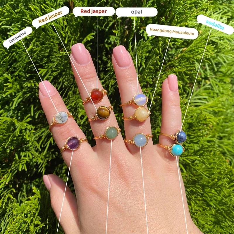 1-piece set of colorful natural bead stone ring, Bohemian seven chakra yoga healing amethyst hematite women\'s holiday gift