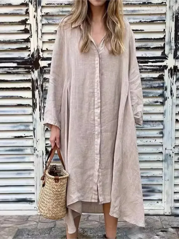 Spring Autumn Solid Color Shirts Dresses Women Casual Simple Loose Irregular Hem Shirt Long Dress Vintage Style Vestidos Female