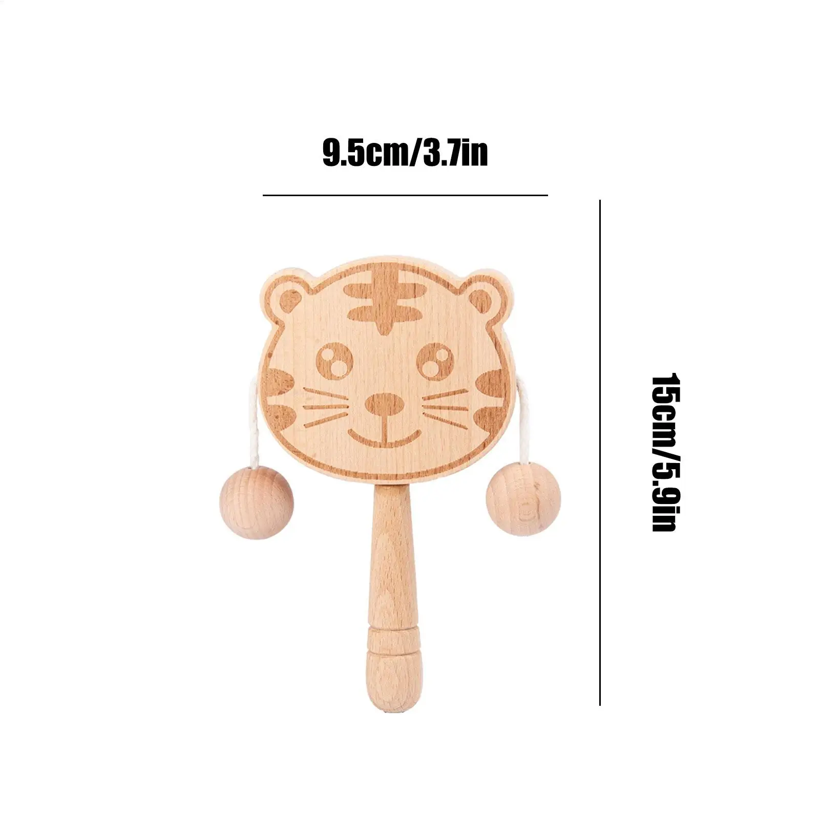 Hochet en bois en forme de tigre pour bébé, tambour à secousses Double face interactif, facile à saisir, pour le suivi visuel des compétences motrices