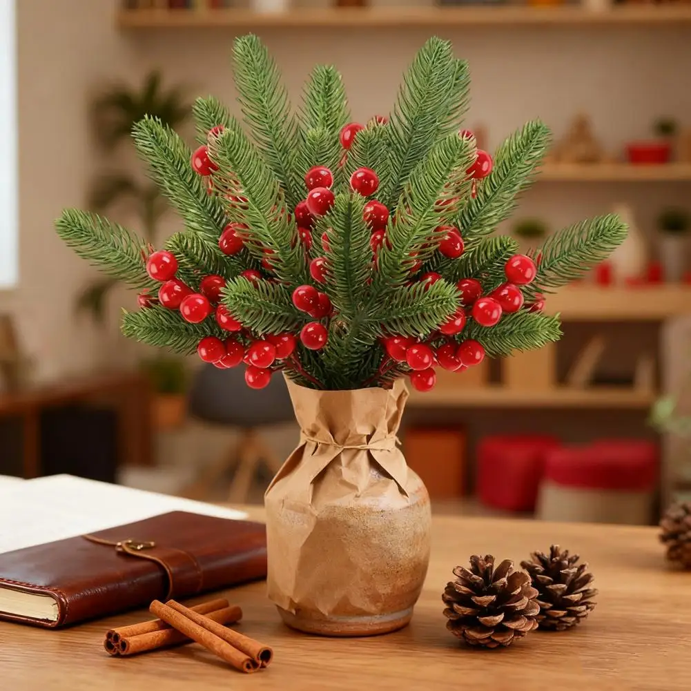 Artificial Berries Decor Faux Berries Festive Christmas Pine Branches Berry Stems for Holiday Decor Tree Arrangements Wreath