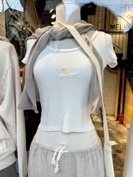 Yellow Little Duck Embroidery T-Shirts Women White Cotton O-Neck Slim Short Sleeve T Shirt Casual Summer Sweet Cute Crop Top Y2k