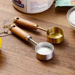 Cuchara medidora de acero inoxidable de fondo plano con mango de madera, taza medidora a prueba de óxido, herramientas de medición de cocina colgantes, 14ml
