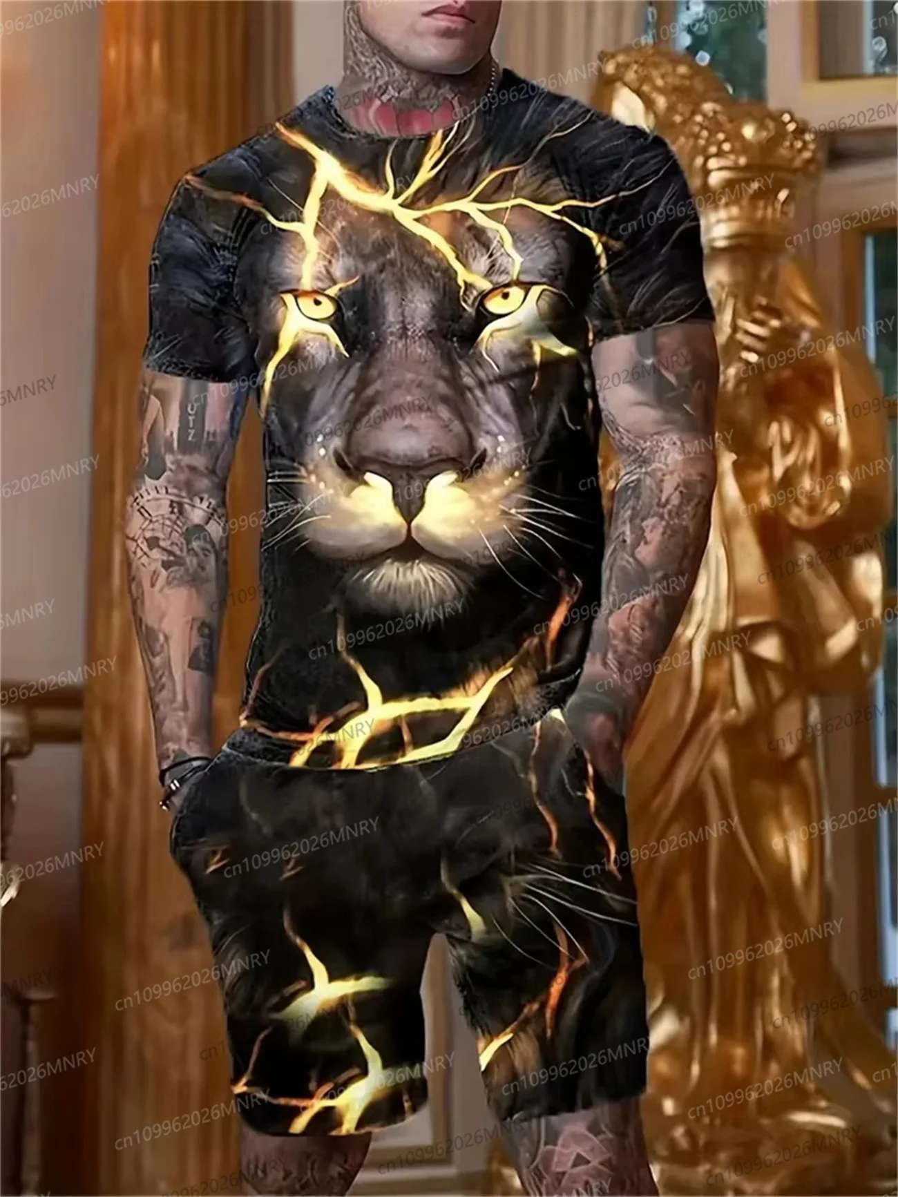 

New Men's Sports Suit 3D Three-Dimensional Lion Print Short-Sleeved Outdoor Travel Leisure Two-Piece Suit Plus Size Clothing