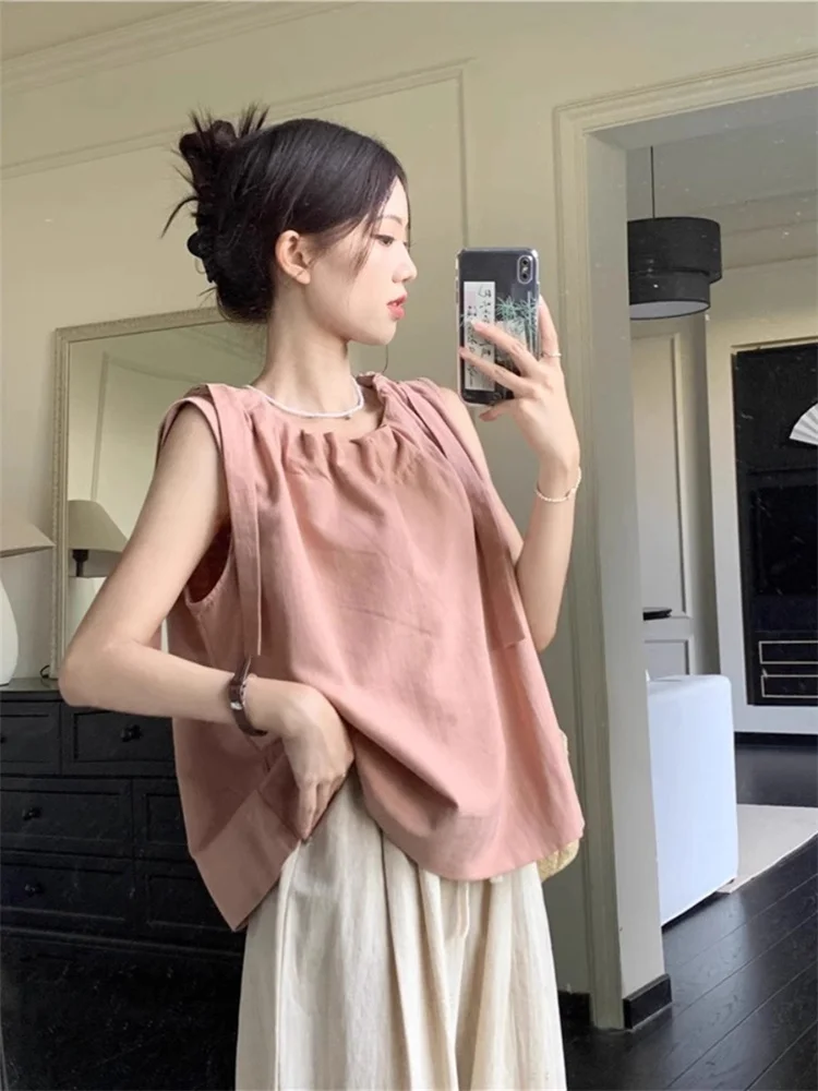 

Summer Pink Korean Style Sleeveless Vest Shirt Women's plus Size Loose Belly Covering Slimming Top Sweet Style Strap Top