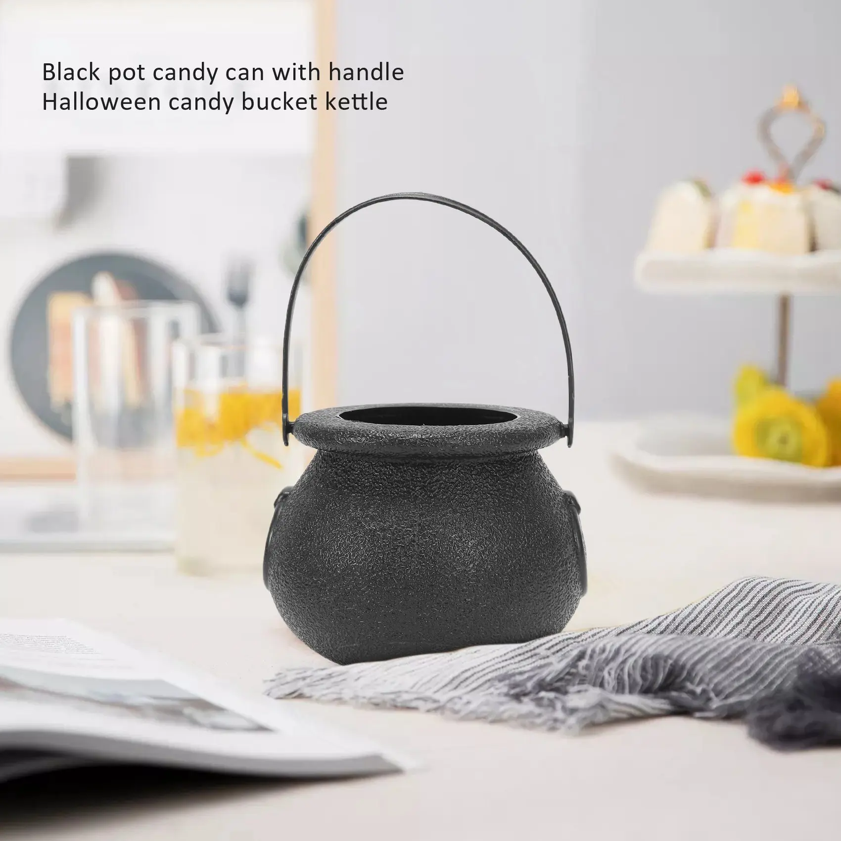 10Pcs Black Cauldron Candy Holder Pot with Handle Halloween Candy Bucket Kettle Mini Black Witch Cauldron for