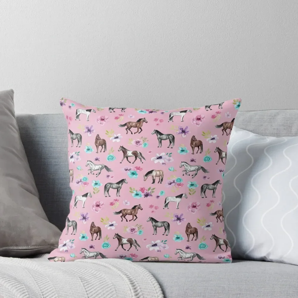 Horses and Flowers on Pink, Equestrian Art, Horse Decor, Cowgirl, Horse Pattern Throw Pillow Pillow Cases Decorative pillow