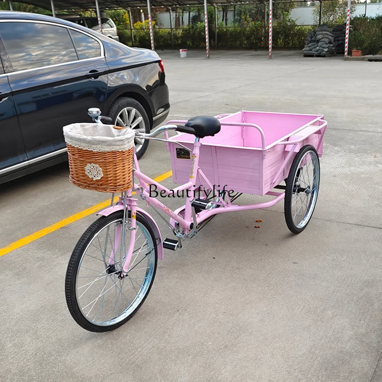 Pink powder suction tricycle human pedal the elderly adult pulling goods 24 inch stall god car
