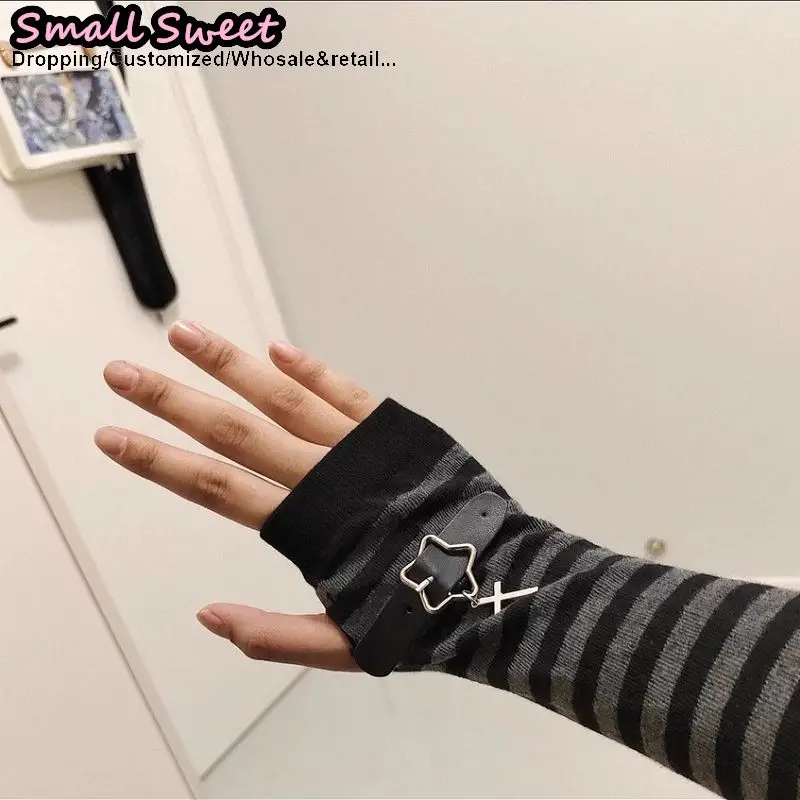 المرأة محبوك القوطية لوليتا Y2k الفتيات لوليتا JK القوط شريط غطاء للأكمام نصف إصبع مدفئات للذراع أصفاد المعصم الدفء قفازات