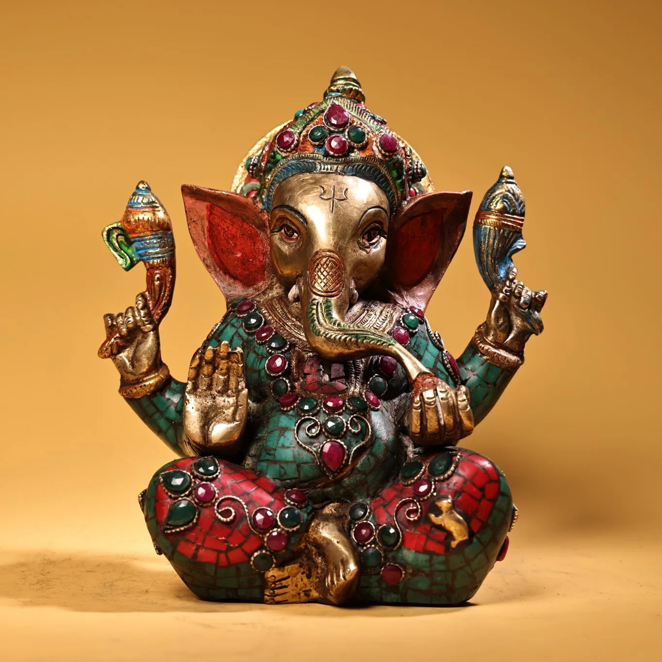 

7"Tibetan Temple Collection Old Bronze Painted Outline in gold Mosaic Gem Turquoise Geneisha Buddha Elephant Trunk God of Wealth