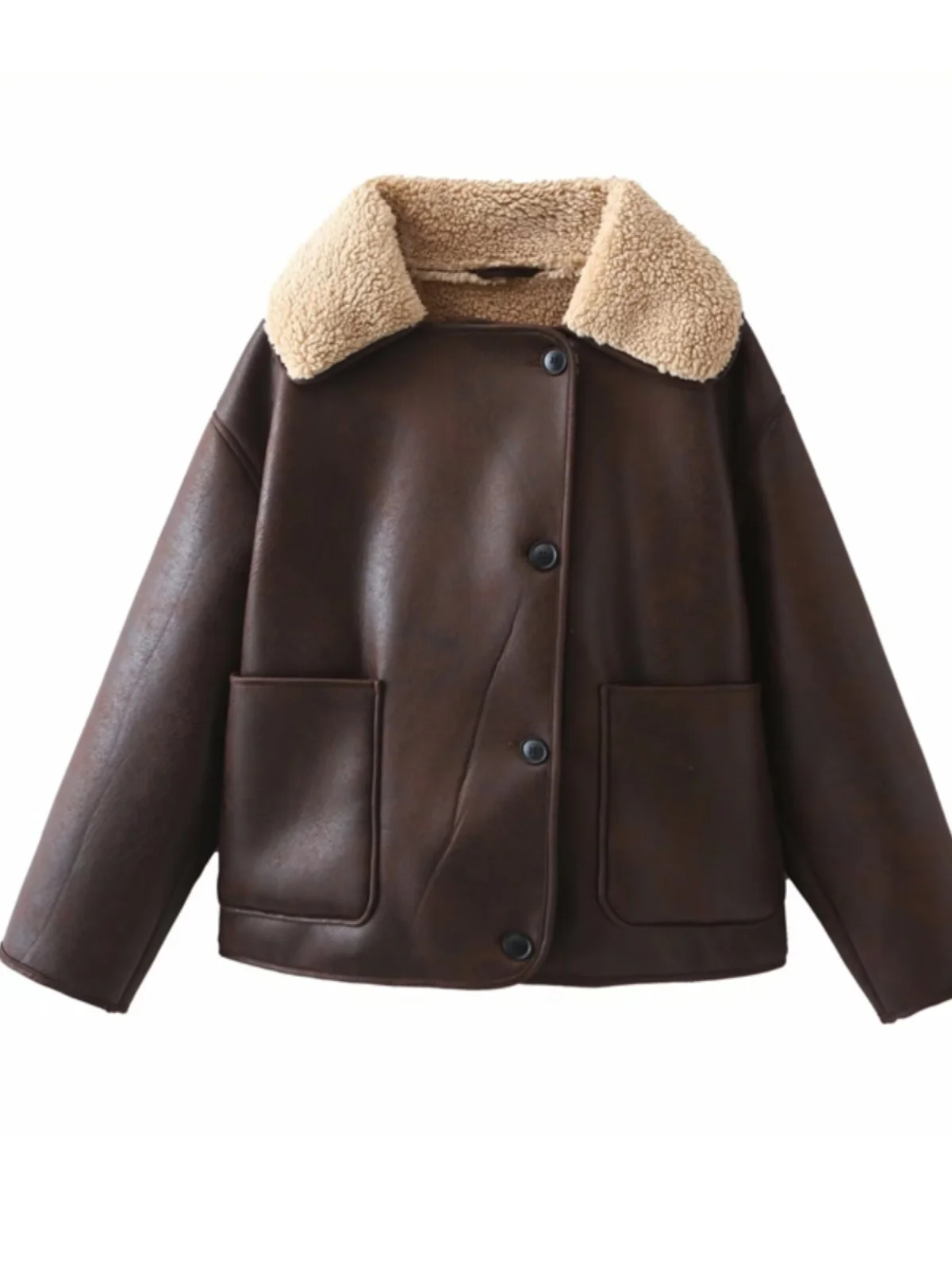 アメリカンスタイルヴィンテージフリース裏地レザーとファージャケットルーズシルエット暖かいコットンコートストリートスタイル冬アウター