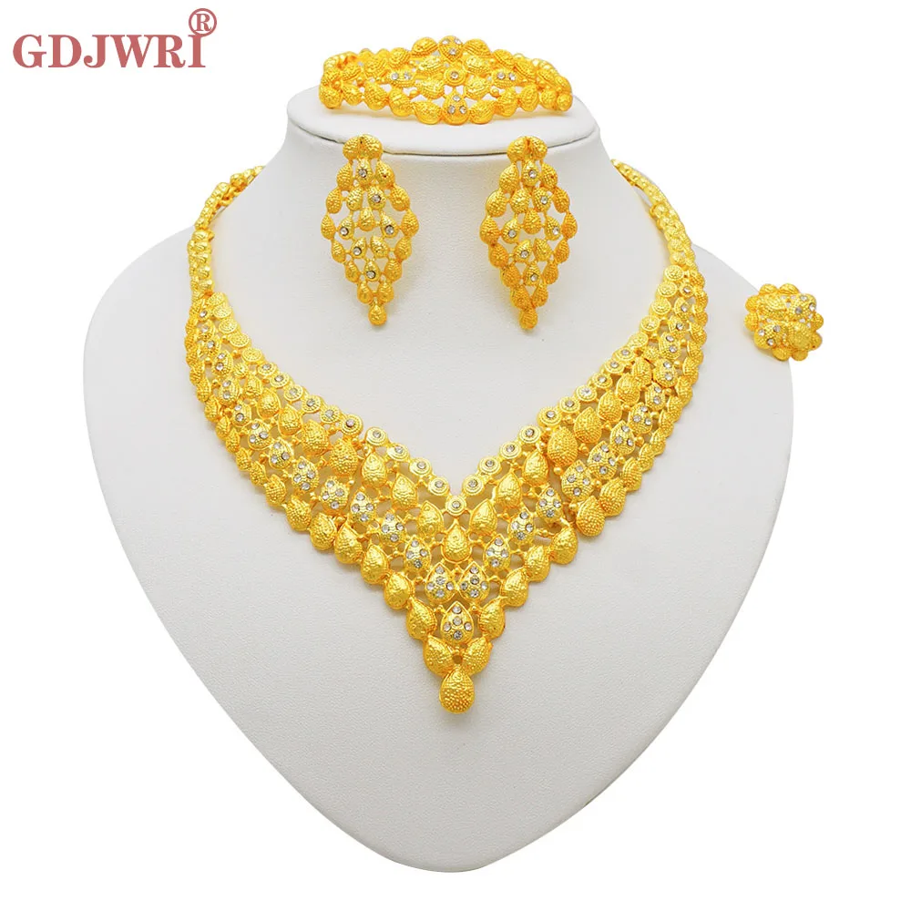 

Ethiopia 24K Gold Color Water Drops Wide Necklace Jewelry Set For Women Nigeria Earrings Bracelet For Bridal Wedding Party Gift