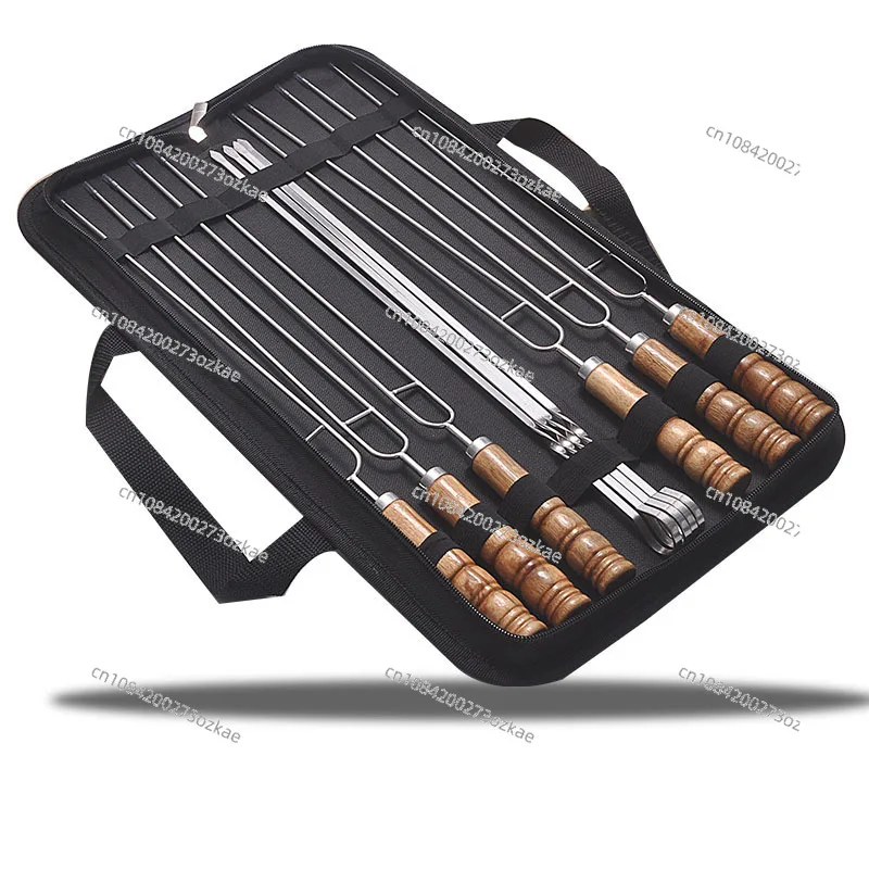 Outdoor Barbecue Fork Stainless Steel Skewers Prod Wooden Handle Double Fork BBQ Tool Set Utensils