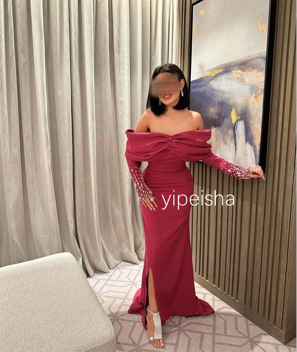 Customized High Quality Jersey Pleat Beading Sequined Trumpet Off-the-shoulder Long Dresses Homecoming Dresses Elegant Chinese S