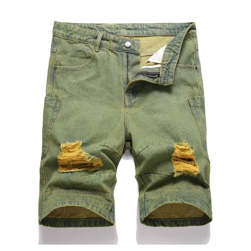 

KEXU Men's Straight Fit Ripped Denim Shorts Vintage Distressed 5 Inch Knee Length Casual Destroyed Baggy Bermuda Jean Shorts