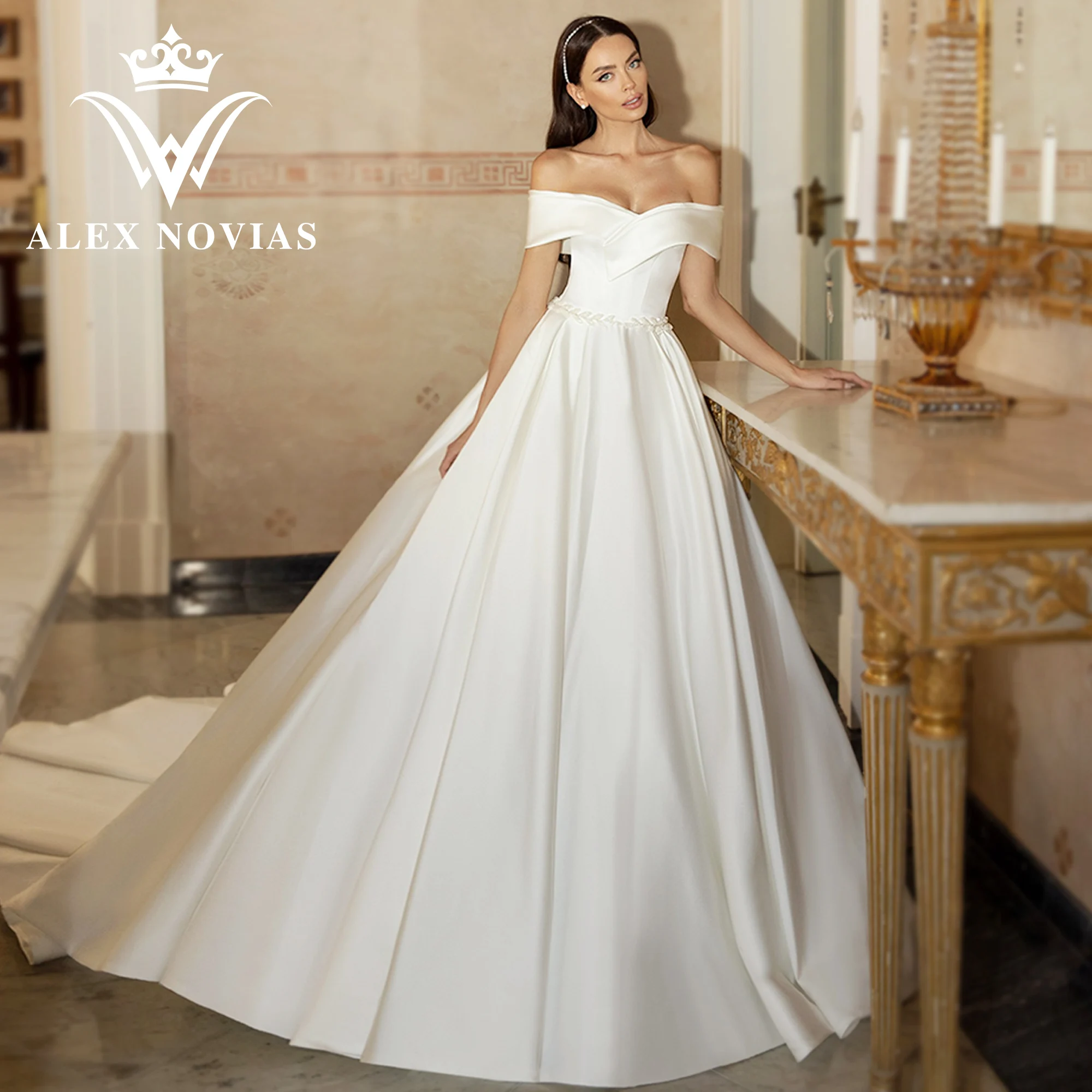 ALEX NOVIAS Ball Gown Wedding Dress 2023 Modern Off the Shoulder Criss-Cross Pleat Satin Wedding Gown Vestidos Novias De Saten