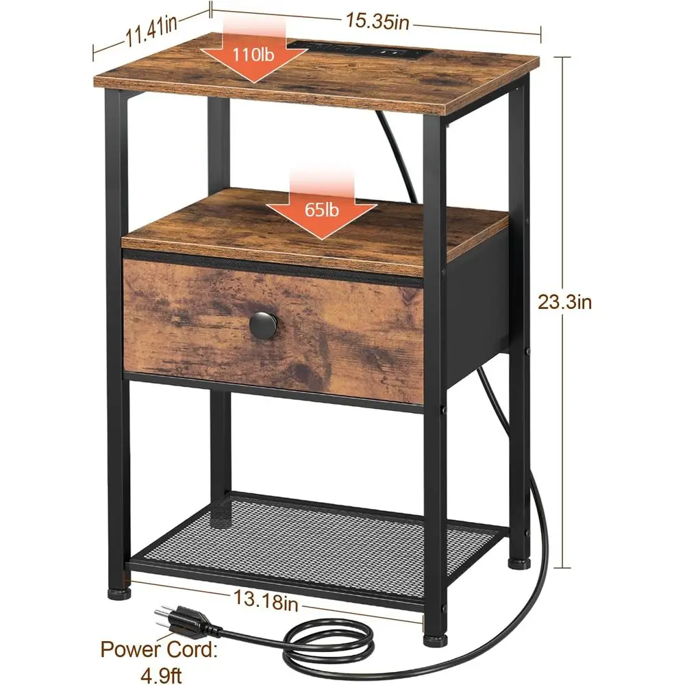 Rustic Brown Charging Nightstand, Storage End Table for Small Spaces, Fabric Drawer Side Table for Bedroom Living Room HETS010PB