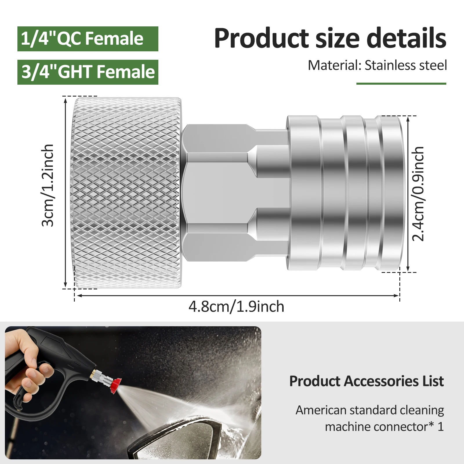 3/4 Inch GHT to 1/4 Inch Quick Connect Pressure Washer Adapter Stainless Steel Garden Hose Fitting Heavy Duty Leakproof Joint