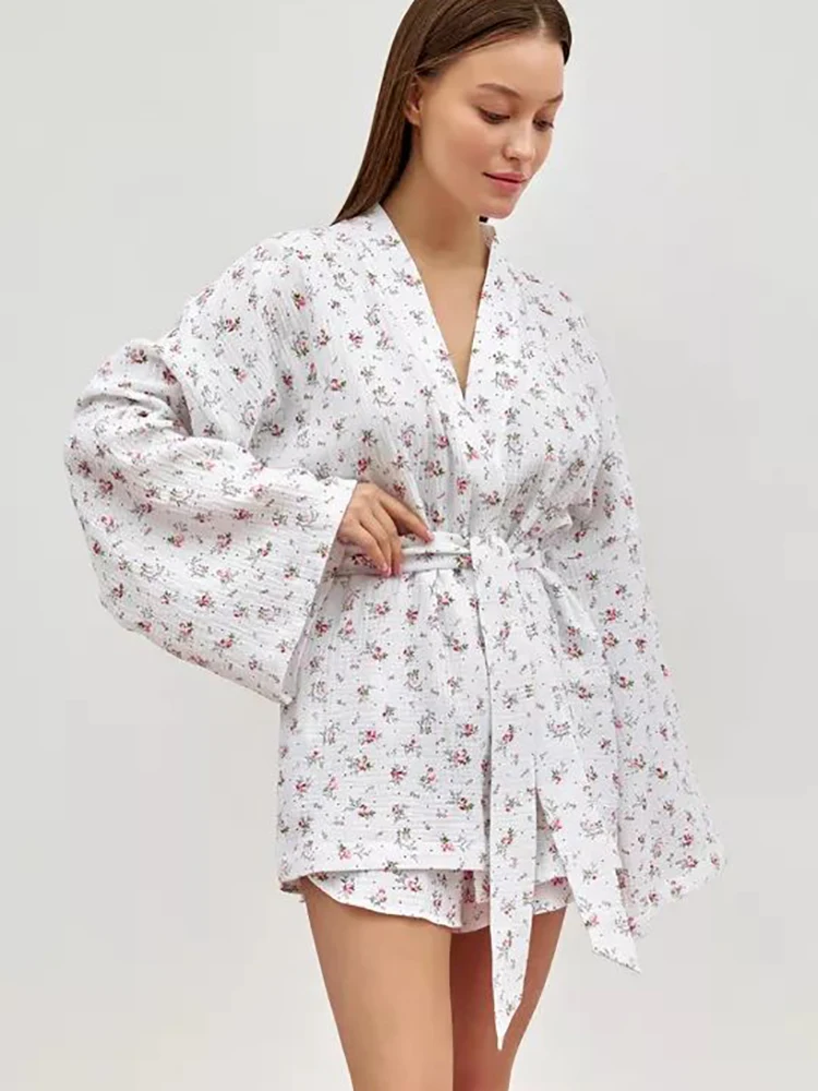 Linad Cotton Women\'s Home Clothes 2 Piece Sets Print Long Sleeve Sleepwear Sashes Female Casual Suits With Shorts Summer 2024