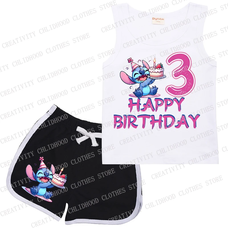 Children Birthday Number Stitch 1-14 Sports Suit Kids Vest & Shorts Kawaii Cartoon Casual Clothes Sleeveless Girl Boy 2Pcs Sets