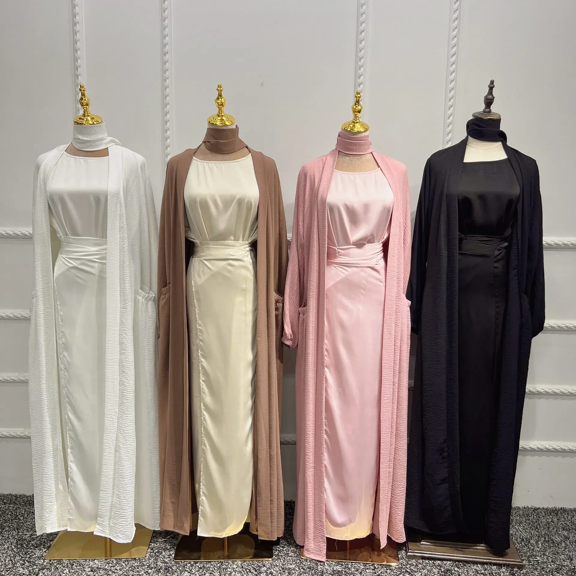 Branco de seda cetim abaya vestido interno com saia envoltório árabe longo vestidos muçulmanos para mulheres dubai turquia islam modesto outfit