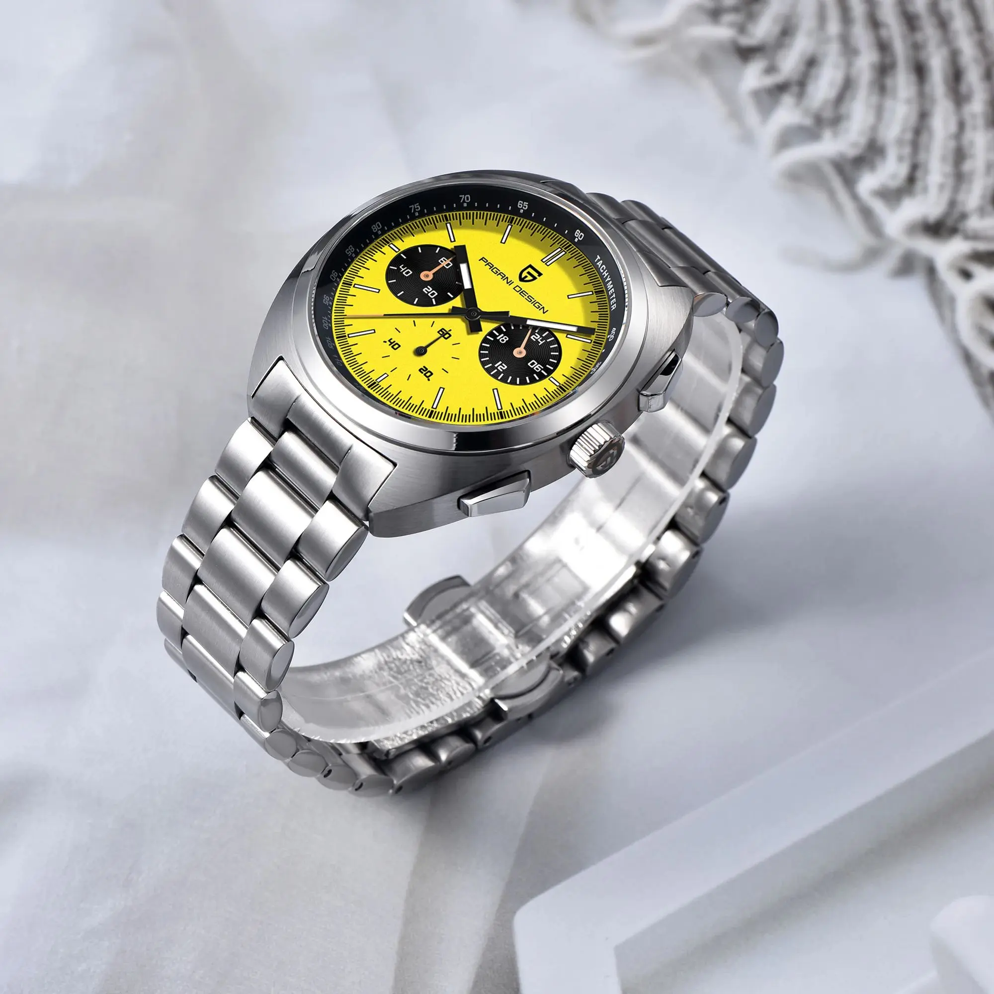 PAGANI DESIGN Watches 2026 New Bright Yellow Luxury Quartz Watch For Men Gift Box AR Sapphire Crystal Waterproof Stainless Steel