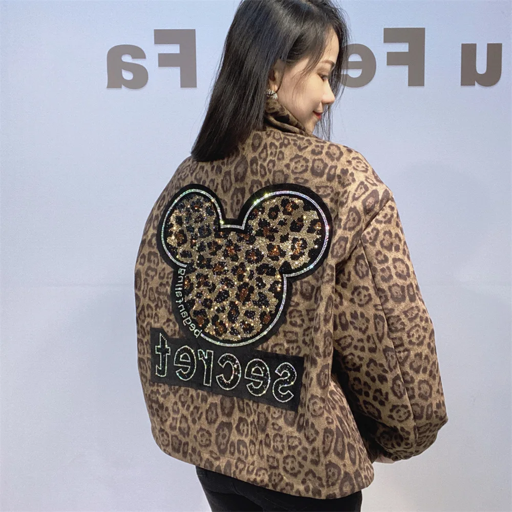 Jaket Wanita Motif Macan Tutul Kasual Longgar Pola Kartun Berlian Kerah Tegak Resleting Berkerudung Cardigan Mantel Куртка Женская