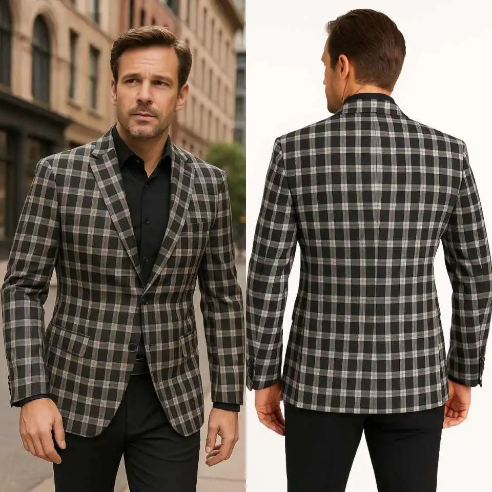 Classic Single Breasted Notch Lapel Black White Plaid Men's Blazer Flap Pockets Casual Checked Suit Jacket Custom Made M264399