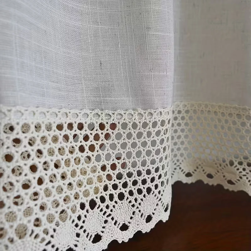 1pc Minimal solid cotton linen cafe curtain, diamond hollow lace hem, log style sheer short curtain for narrow bathroom windows