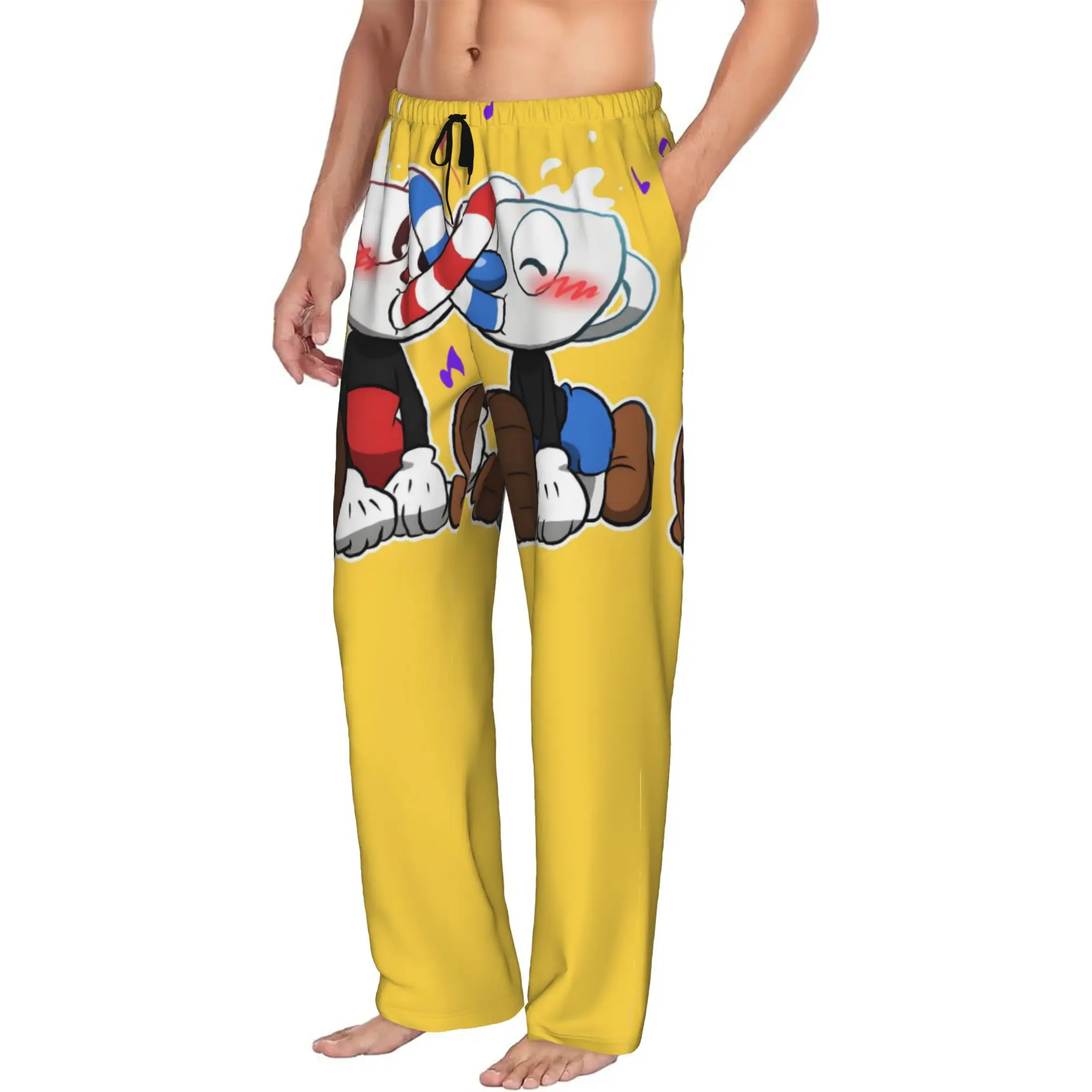 Custom Men Cuphead And Mugman Pajama Pants Print Anime Game Sleep Sleepwear Bottoms with Pockets