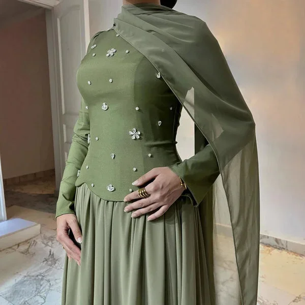 Muslim Olive Green Beaded Prom Dresses Ruffled Elegant Evening Dress Arabic Flowy Dubai Formal Wedding Party Gown Customized image 2