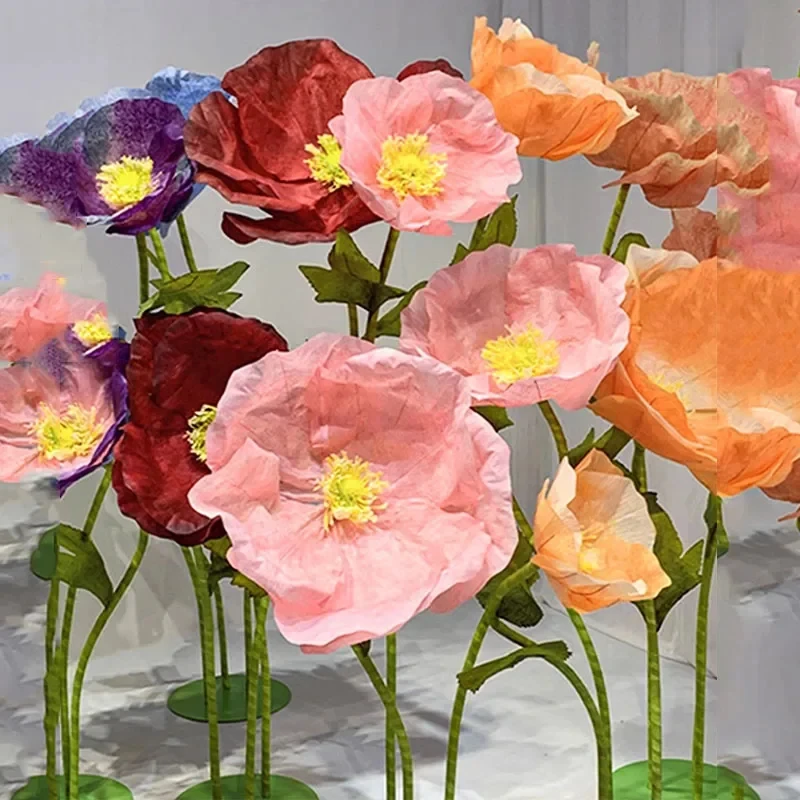 3Pcs Giant Artificial Poppy Paper Flower Marriage Decor Poppies Wedding Road Leads Birthday Party Backdrop Decor Window Display