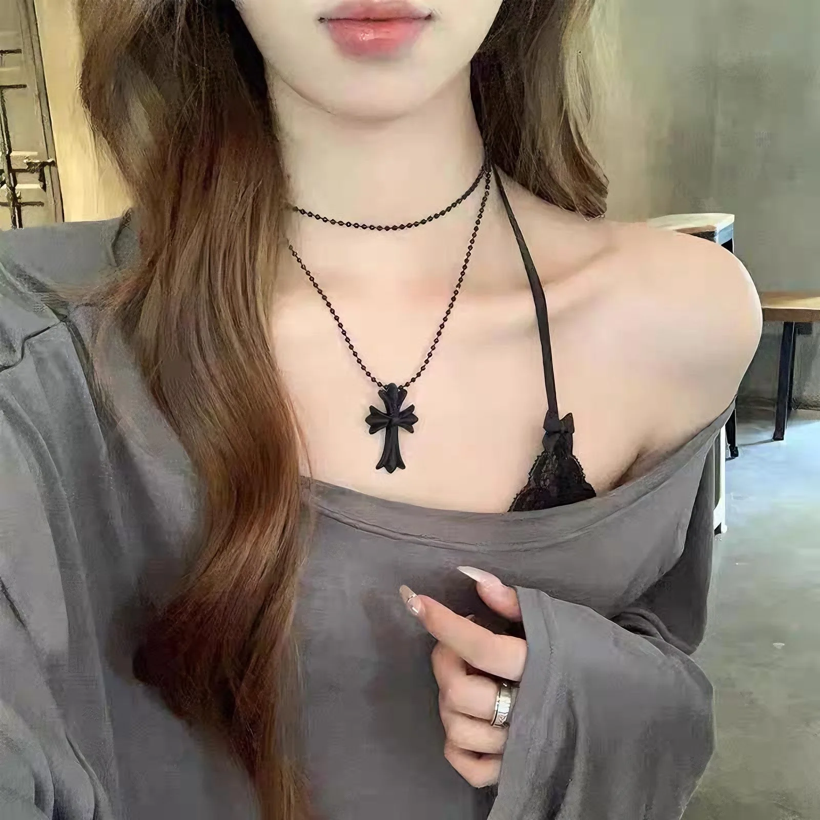 الرجعية Y2K طويل الصليب قلادة المرأة الراقية الإحساس طبقات سلسلة الترقوة الظلام كول حار فتاة الإكسسوارات مجوهرات مطرزة #1