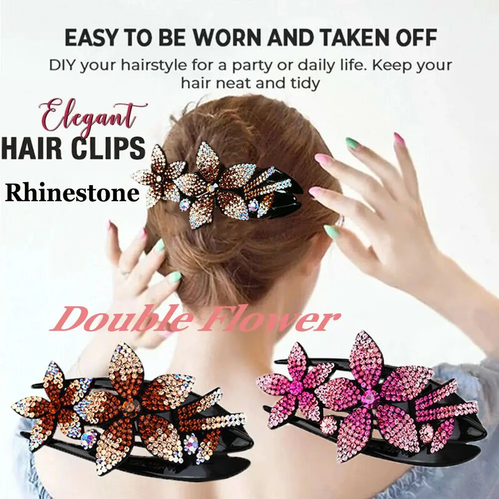 Hot Hair Dovetail Clip Women Double Flower Hair Clip Durable Flexible Rhinestone