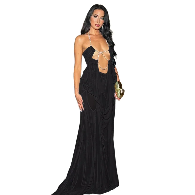 Hollow Out Diamond Chain Halter Backless Sheer Mesh Vakantie Strand Maxi-jurk Dames Sexy V-hals Mouwloos Ruches Party Clubwear - afbeelding 2
